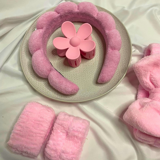 Pink 6pcs Headband, Wristbands for Skin Care with With Hair Clips