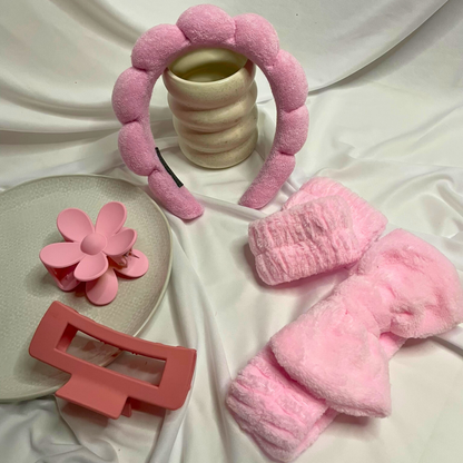 Pink 6pcs Headband, Wristbands for Skin Care with With Hair Clips