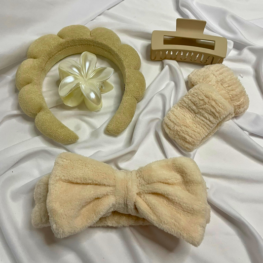 Beige 5pcs Headband, Wristbands for Skin Care with With Hair Clips